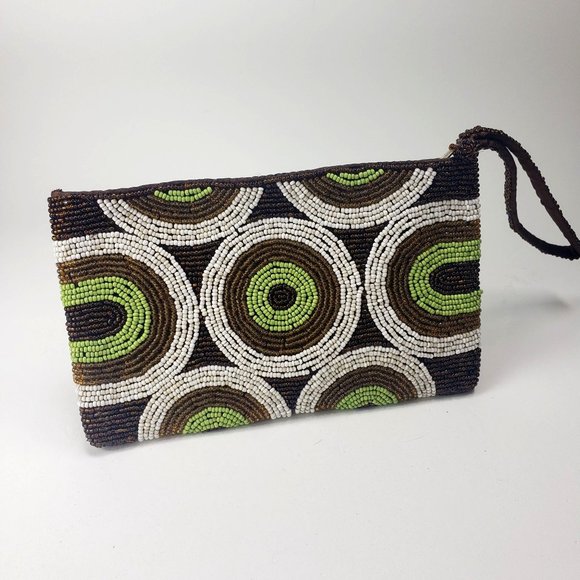 Vintage beaded zip clutch Retro brown, green, white circle motif handbag wallet - Picture 4 of 14